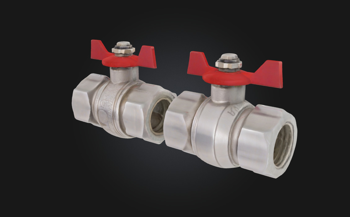 Ball Valves with Red Handles Industrial Pipe Control 3D model_1