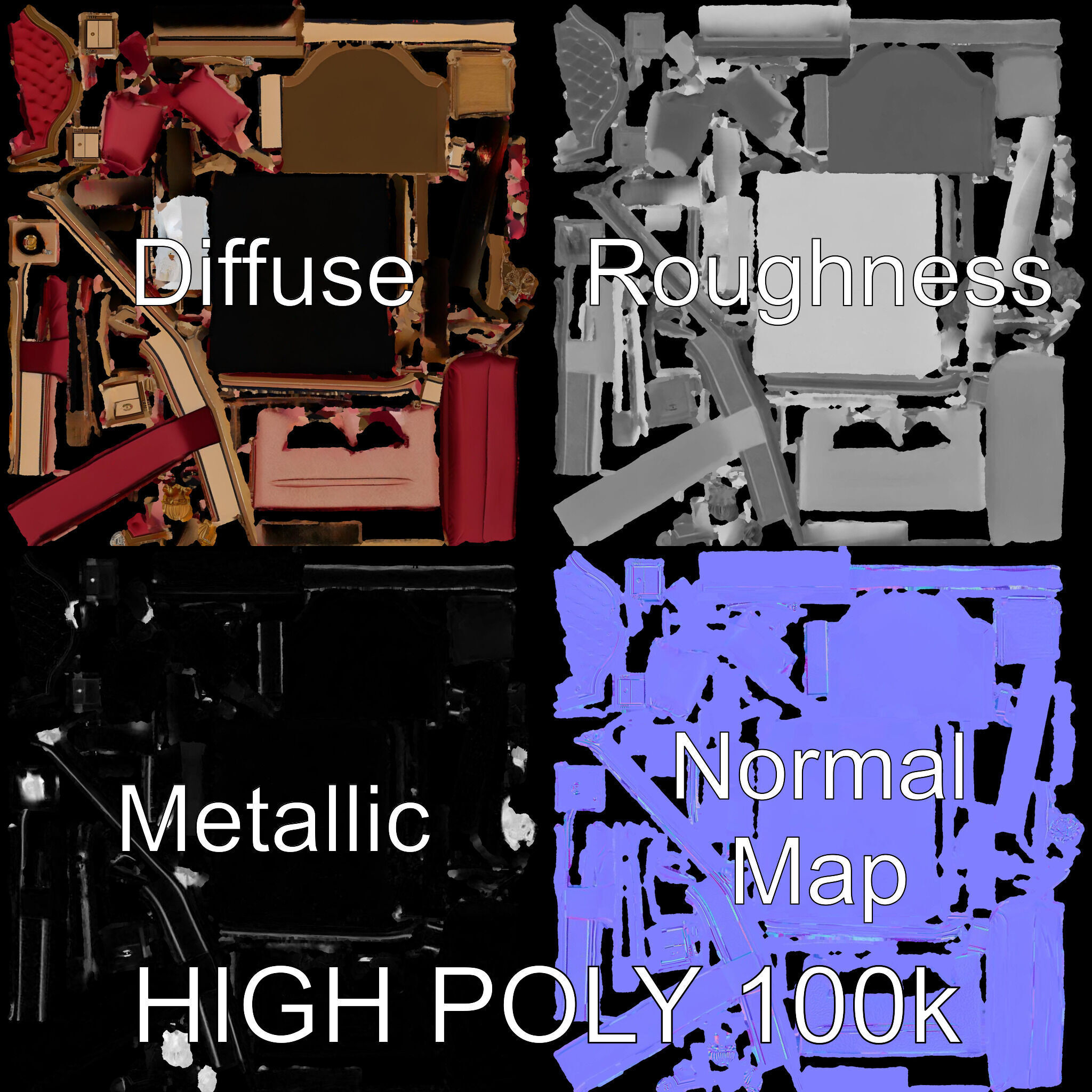 Elegant Bedroom Furniture Set Model Pack with Bed Nightstand ... Low-poly 3D model_4