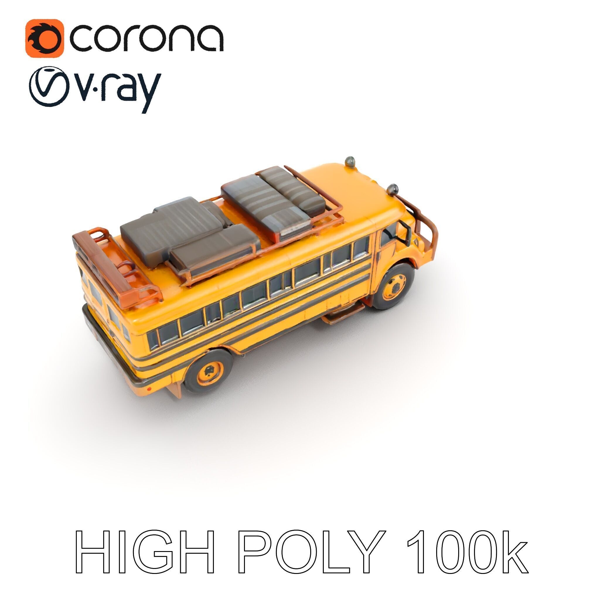 Vintage School Bus Model Pack with Accessories Low-poly 3D model_14
