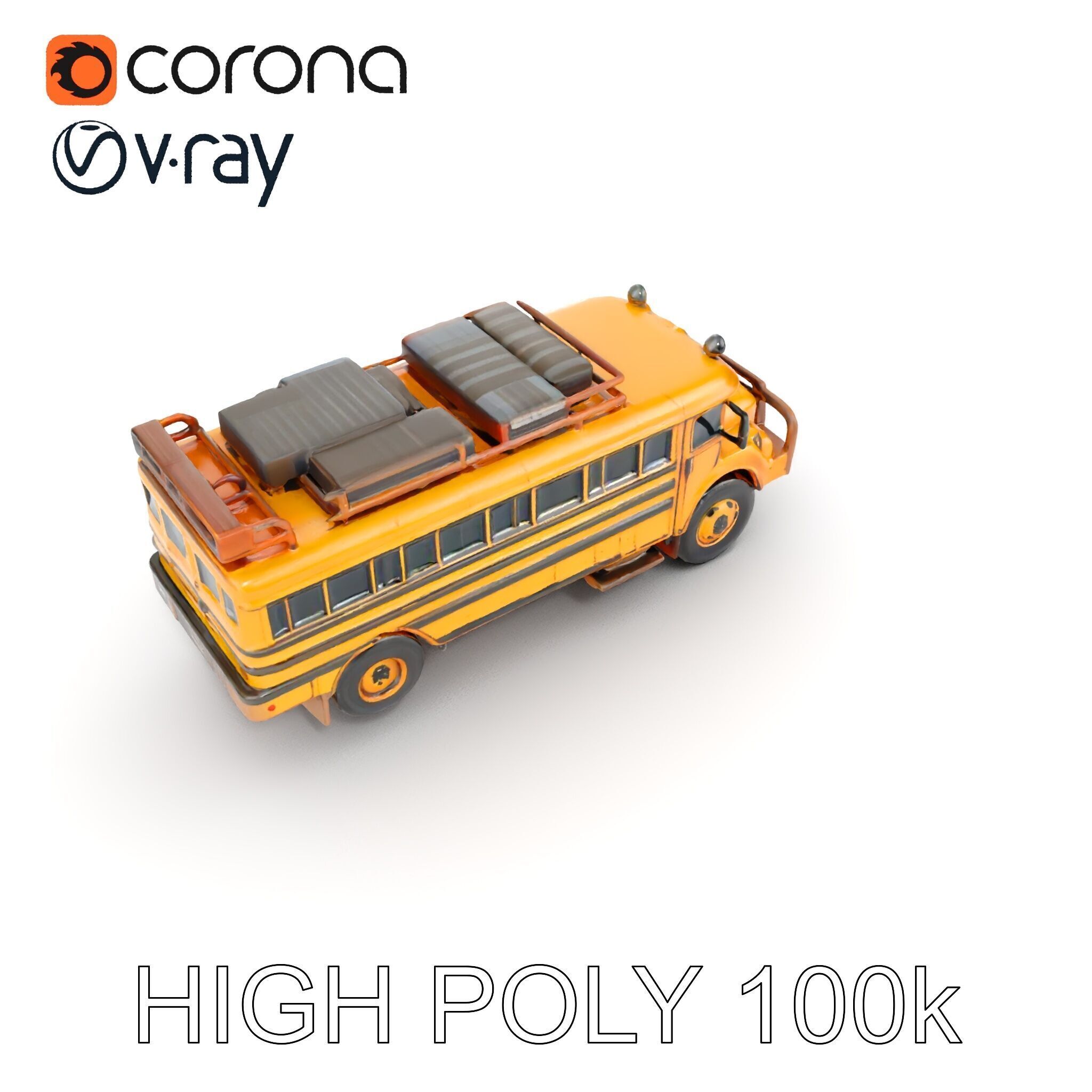 Vintage School Bus Model Pack with Accessories Low-poly 3D model_13