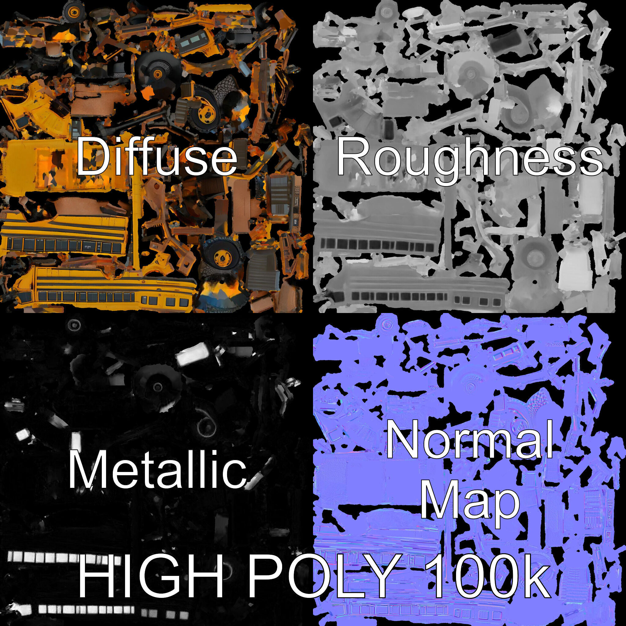 Vintage School Bus Model Pack with Accessories Low-poly 3D model_4