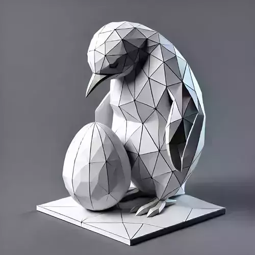 Low Poly Exhausted Penguin looking at egg 3D print model