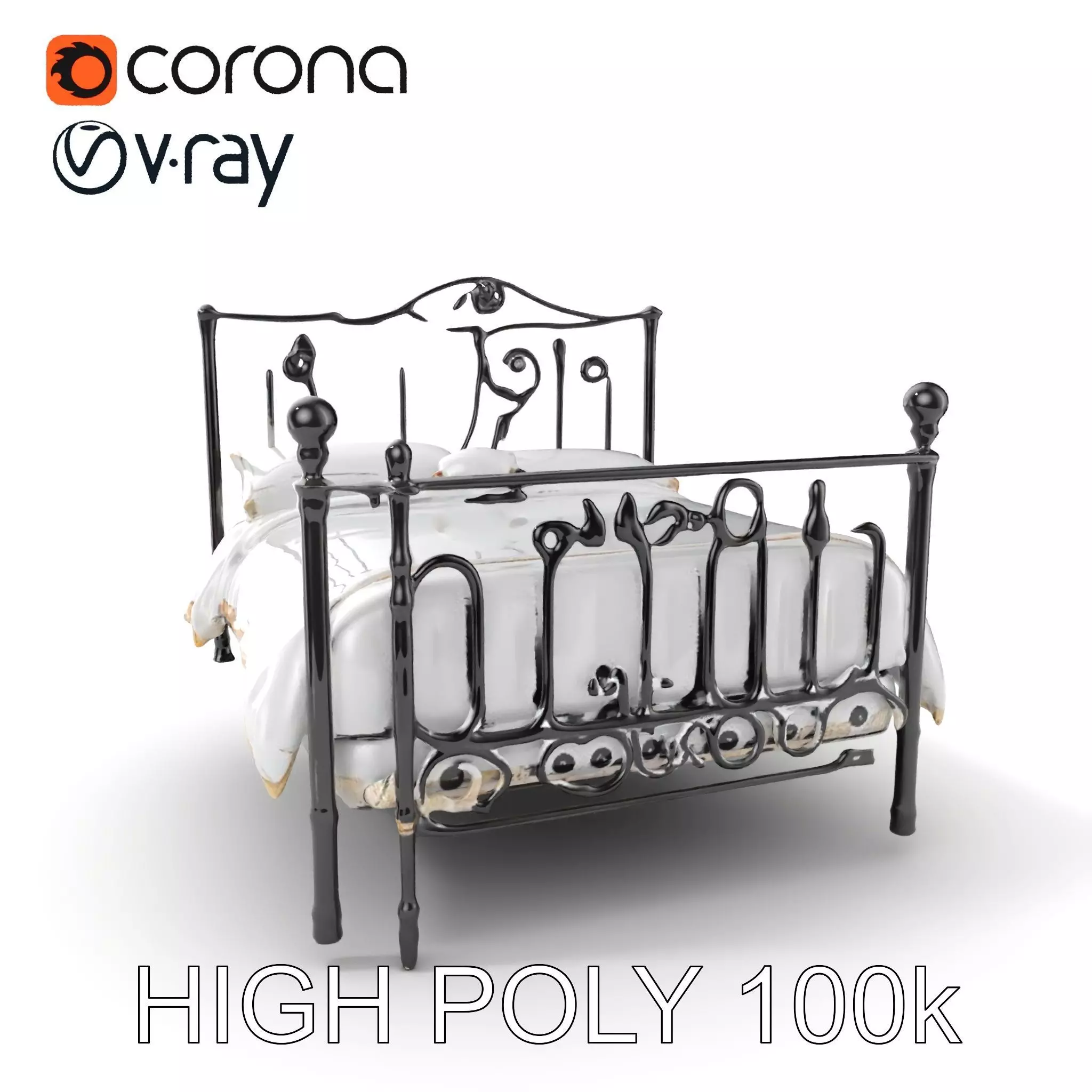 Ornate Black Metal Bed Model Pack Low-poly 3D model_0