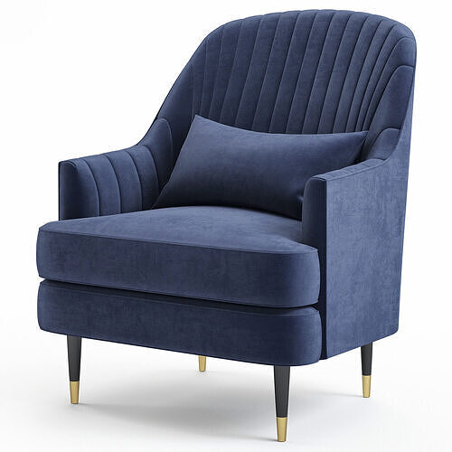 Austen Navy Velvet Tufted Armchair with Pillow Low-poly 3D model