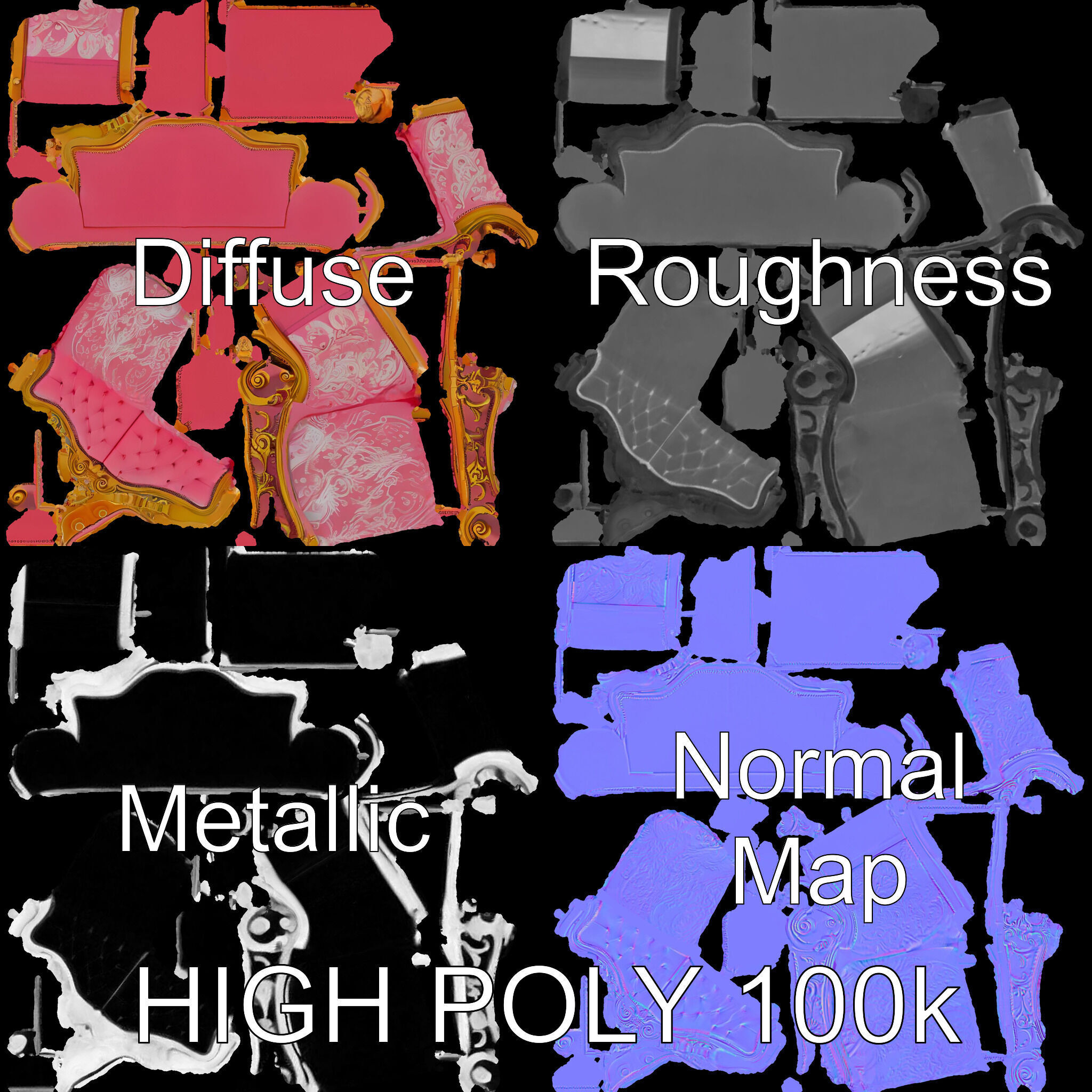 Baroque Style Pink Sofa Model Pack Low-poly 3D model_3