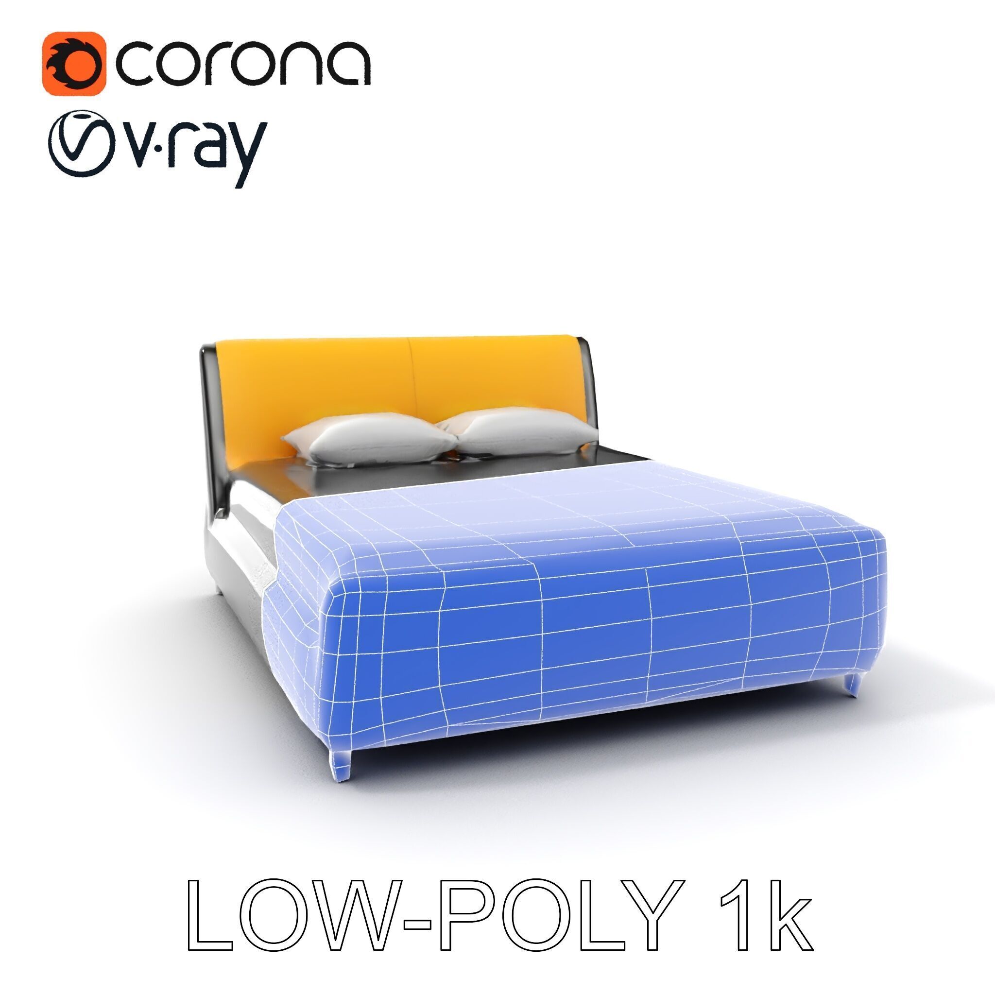 Modern Bed with Yellow Headboard Model Pack Low-poly 3D model_9