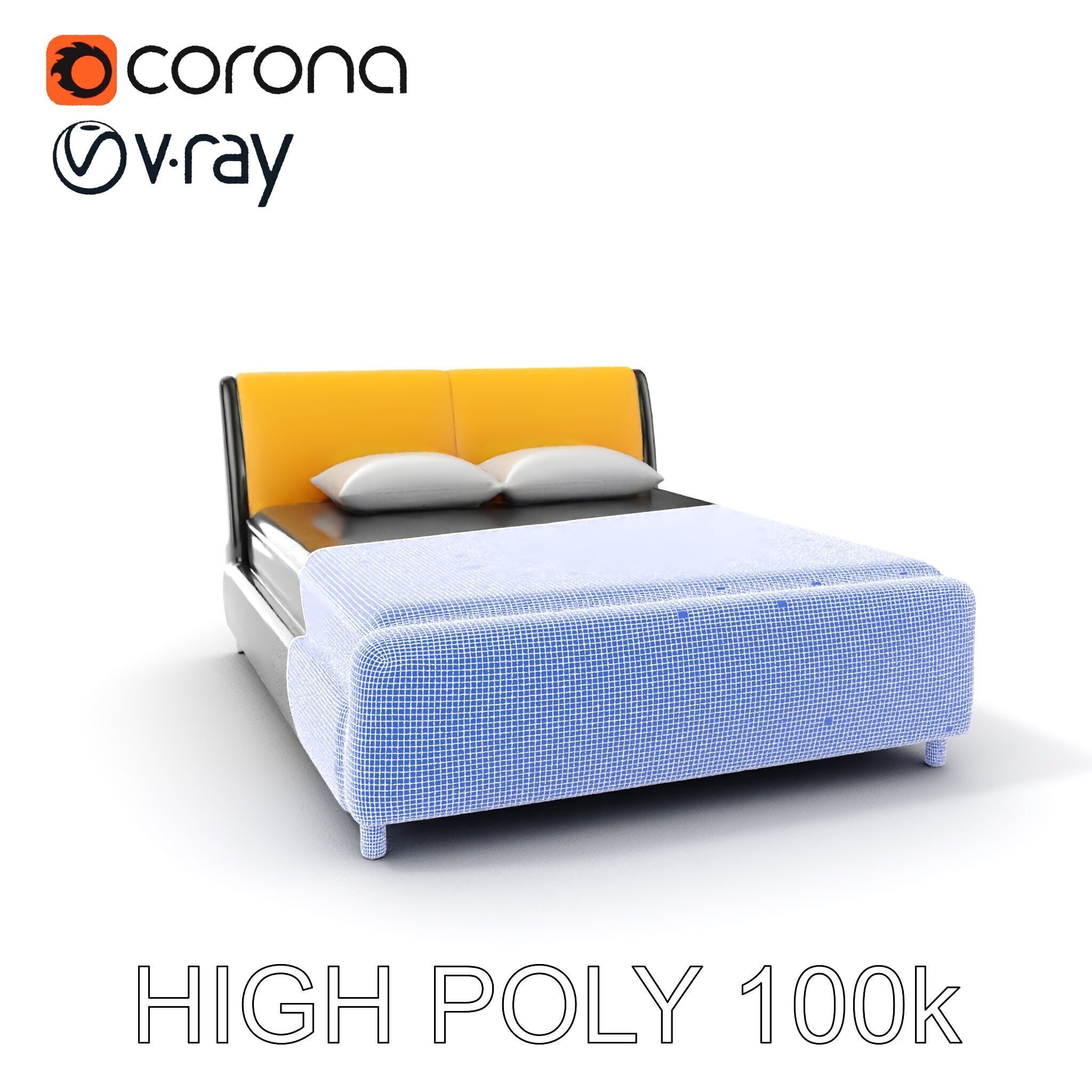 Modern Bed with Yellow Headboard Model Pack Low-poly 3D model_4