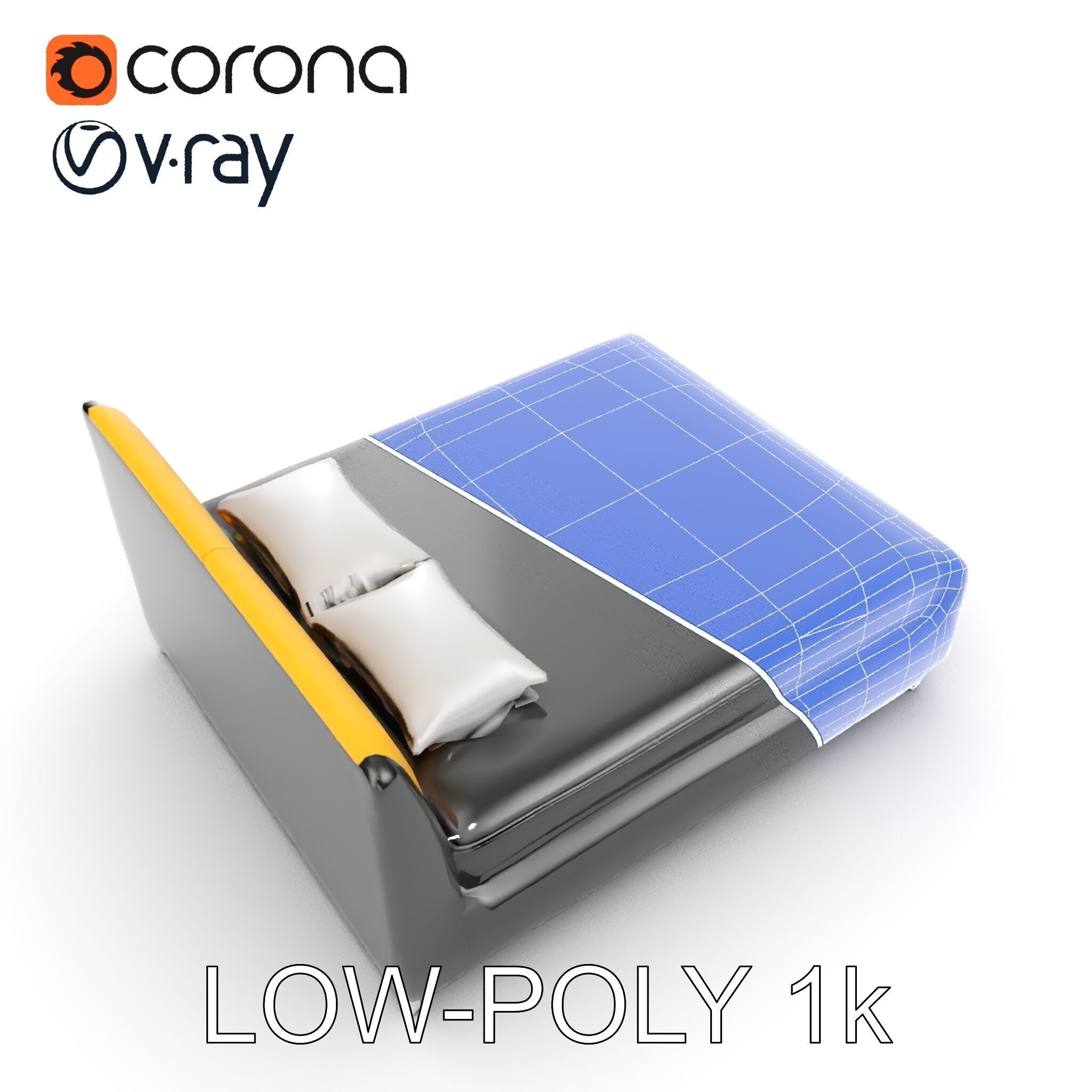 Modern Bed with Yellow Headboard Model Pack Low-poly 3D model_28