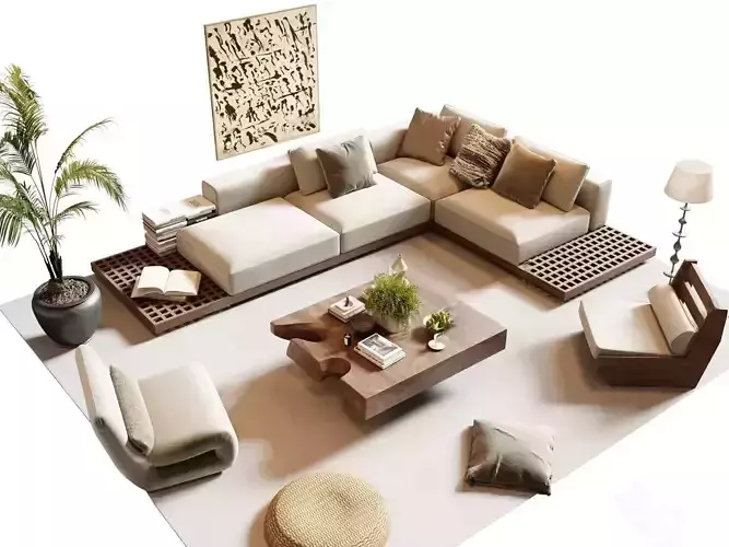 Living Room 3D Interior Scene Model  Wabi Sabi Style 264 3D model