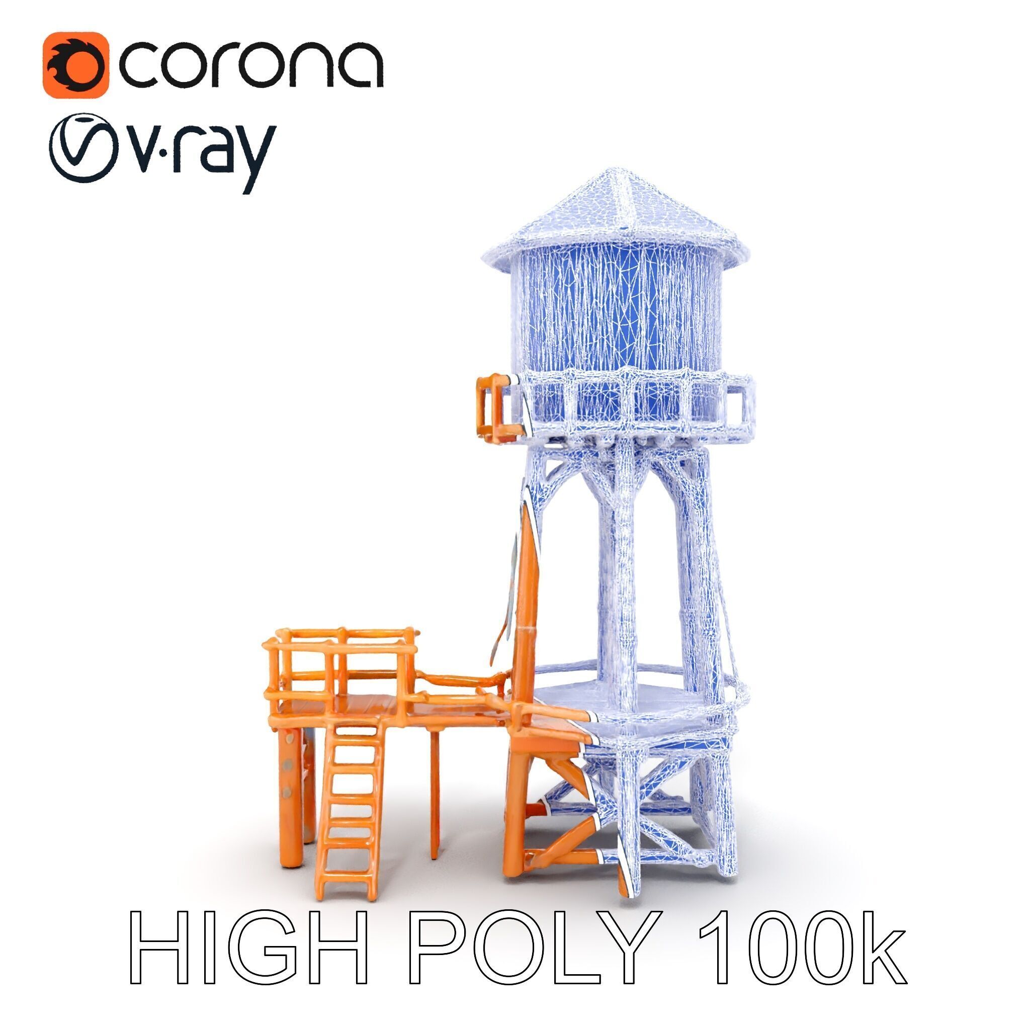 Wooden Water Tower Model Pack for D Rendering and Game Design Low-poly 3D model_16