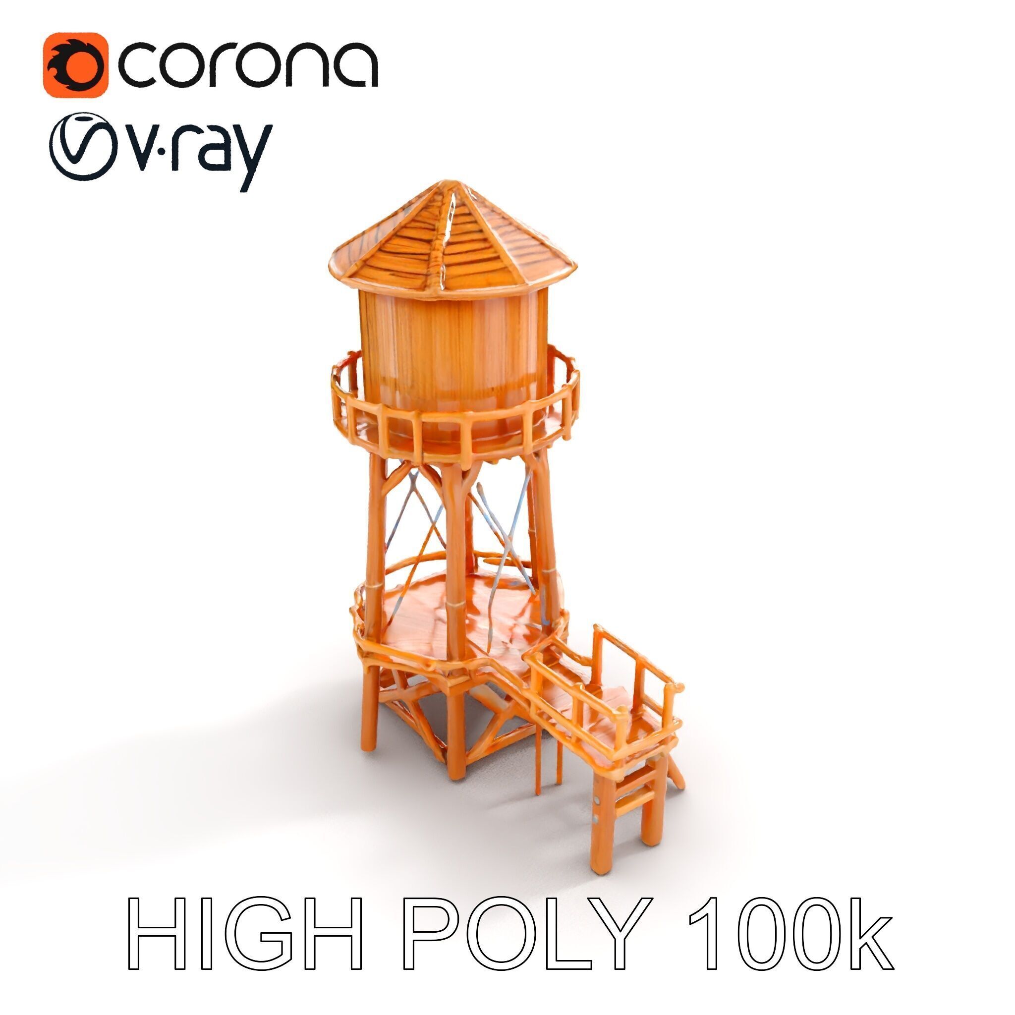 Wooden Water Tower Model Pack for D Rendering and Game Design Low-poly 3D model_17
