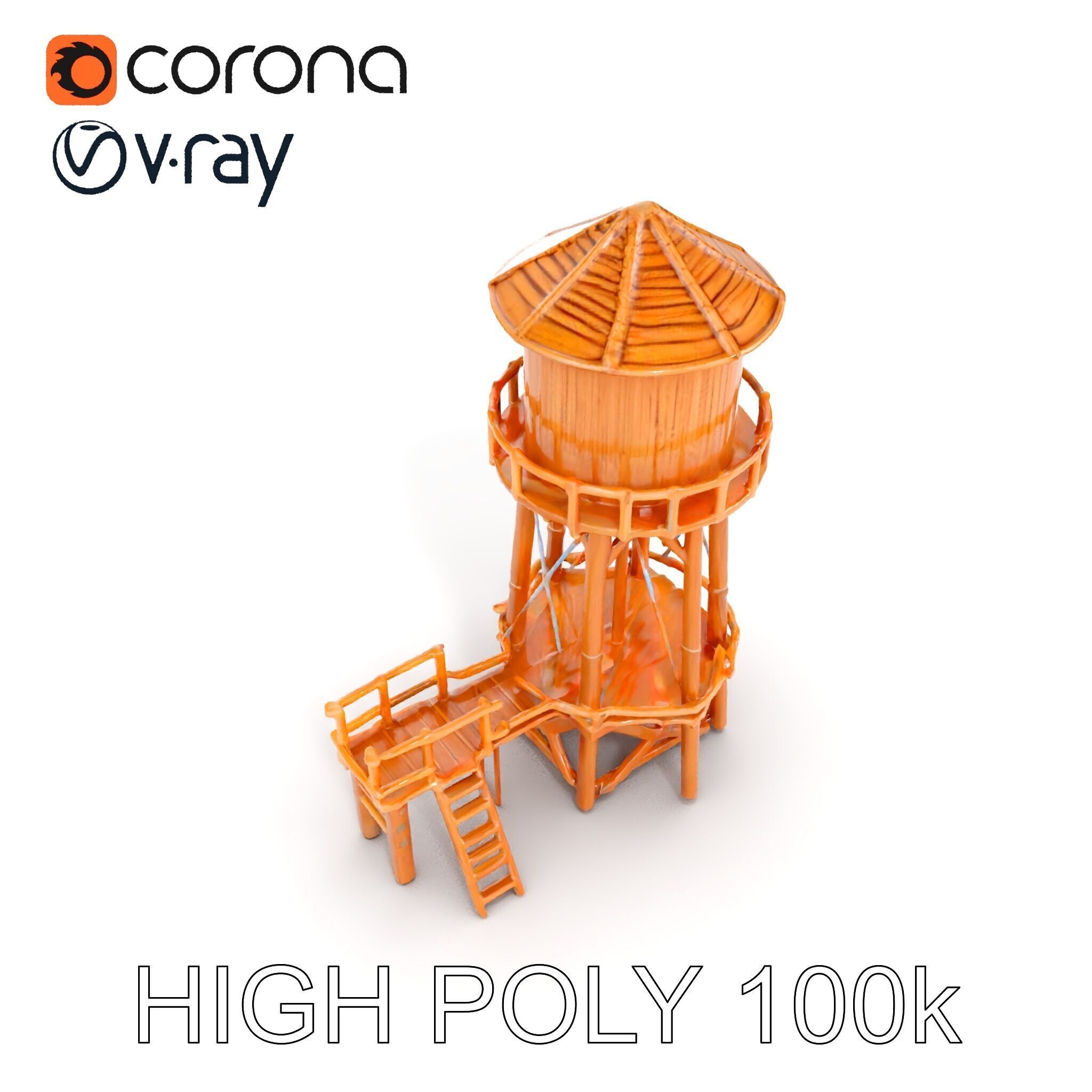 Wooden Water Tower Model Pack for D Rendering and Game Design Low-poly 3D model_10