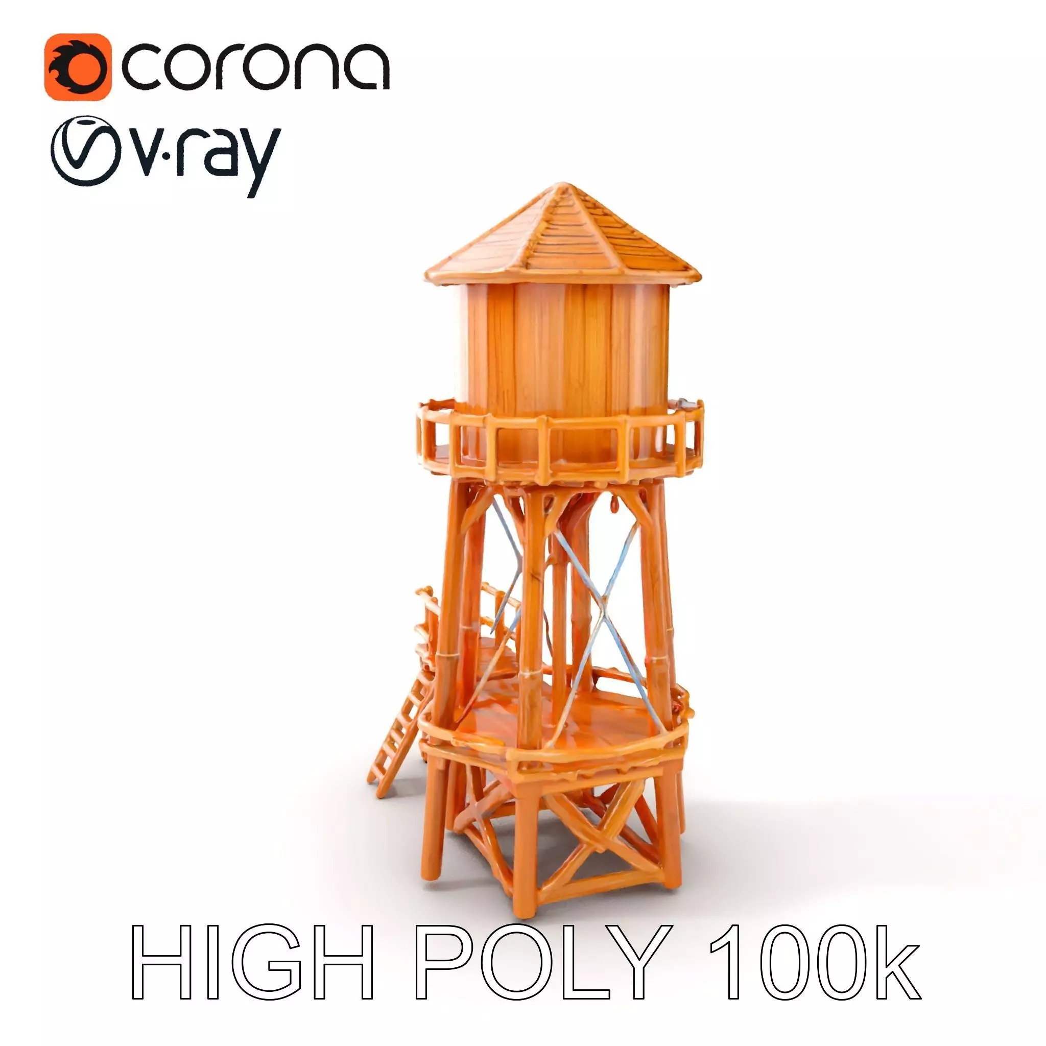 Wooden Water Tower Model Pack for D Rendering and Game Design Low-poly 3D model_0