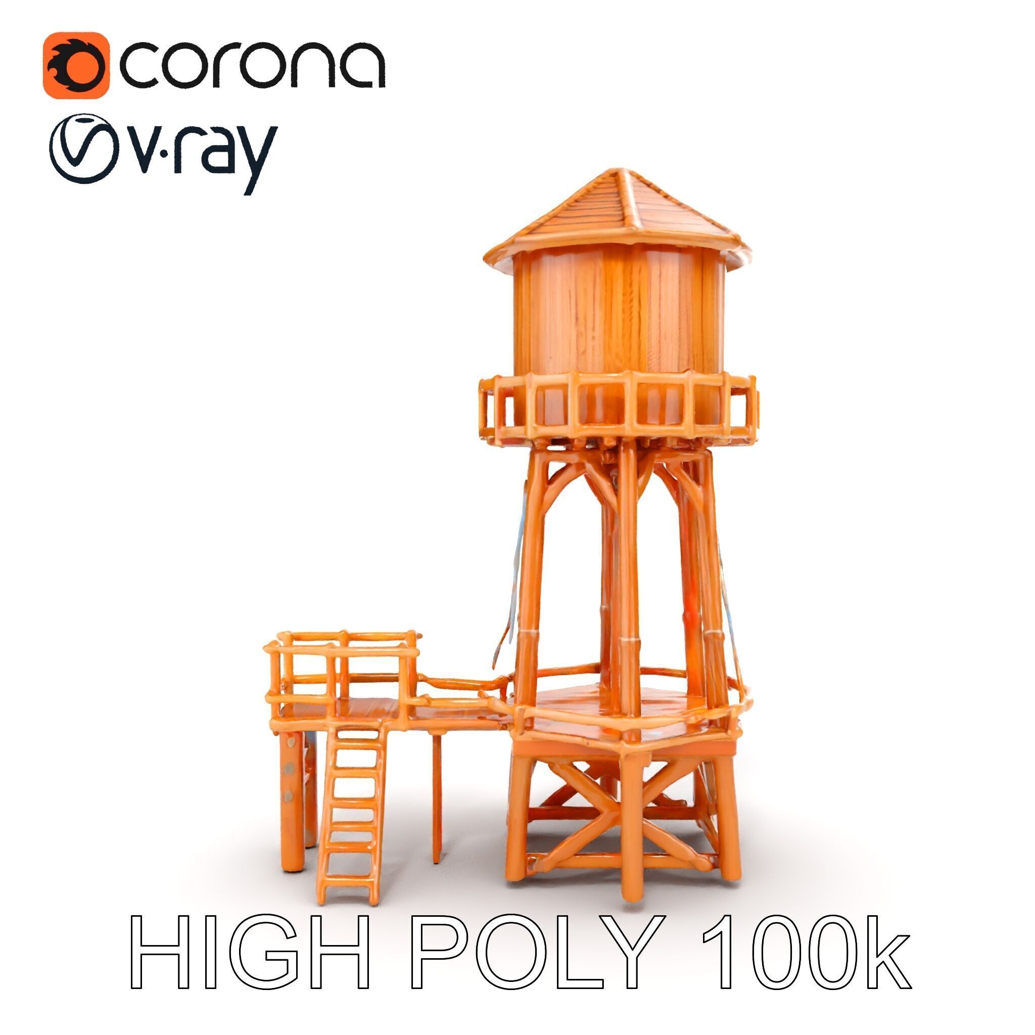 Wooden Water Tower Model Pack for D Rendering and Game Design Low-poly 3D model_19