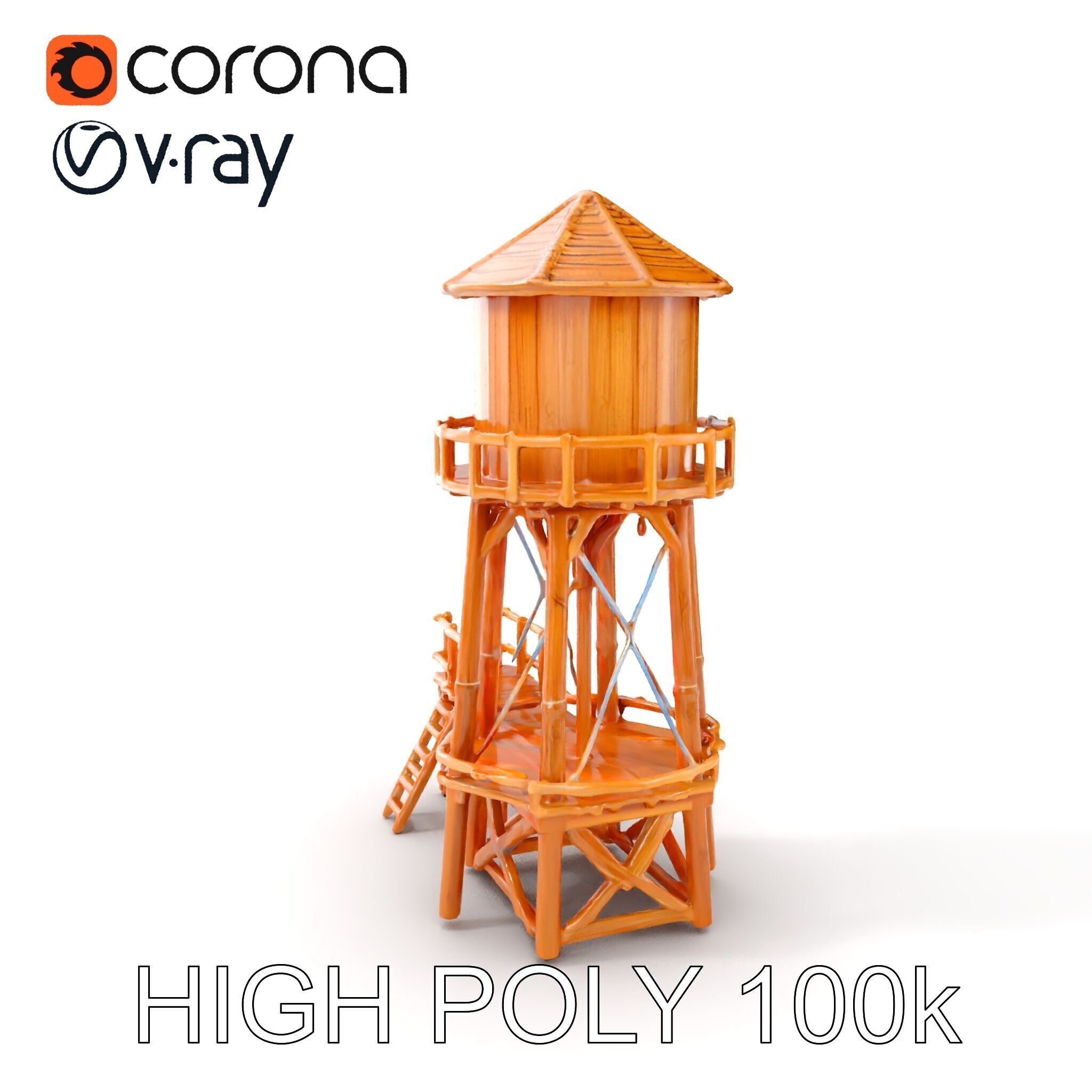 Wooden Water Tower Model Pack for D Rendering and Game Design Low-poly 3D model_6