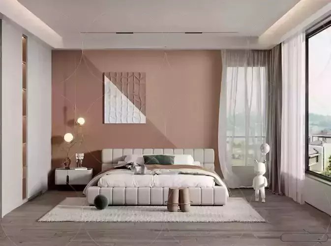 Morandi Style Interior 3D Bedroom 3D Scene 176