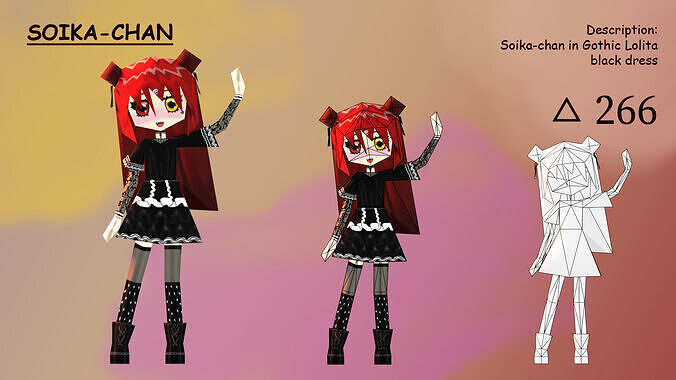 Soika-chan Low poly 3D Anime Model Triangles Gothic Lolita Low-poly 3D model