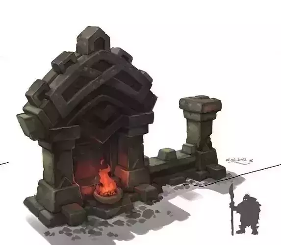 Hand-painted model stone structure with fire in it