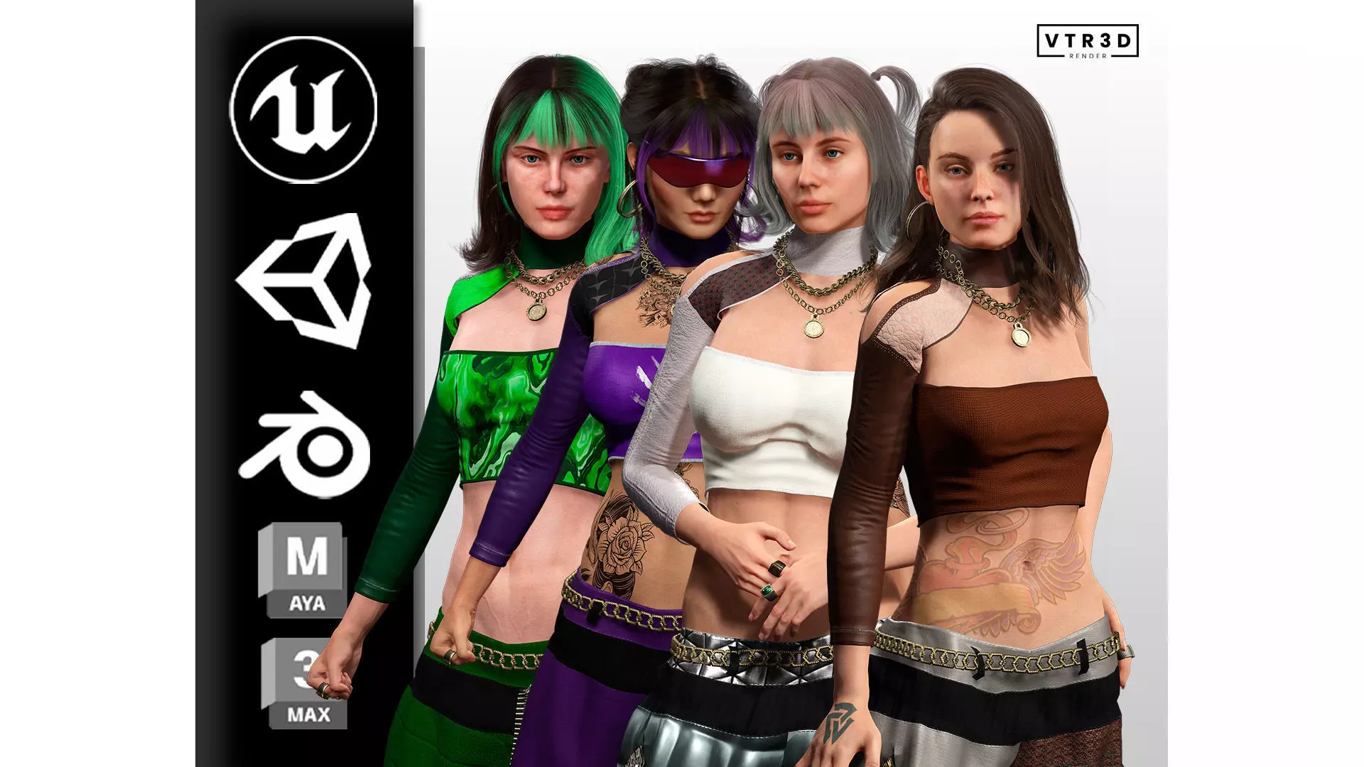 4 Realistic Game Ready Women for Unreal Unity Blender 3D Model Collection_0