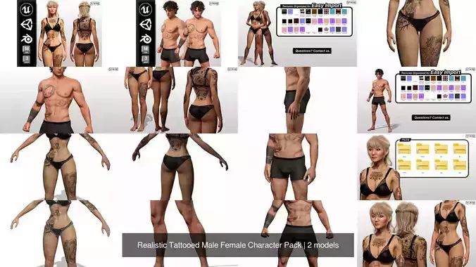 Realistic Tattooed Male Female Character Pack