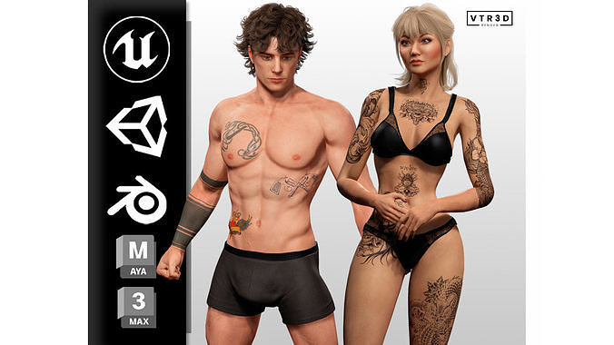 Realistic Tattooed Male Female Character Pack 3D Model Collection