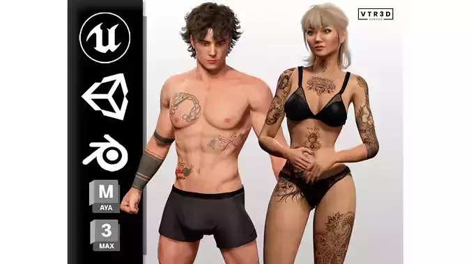 Realistic Tattooed Male Female Character Pack 3D Model Collection