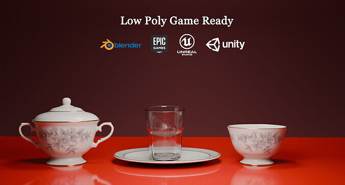 Vintage Tea Set and Glass Low Poly Game Ready Low-poly 3D model