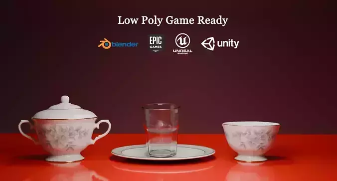 Vintage Tea Set and Glass Low Poly Game Ready