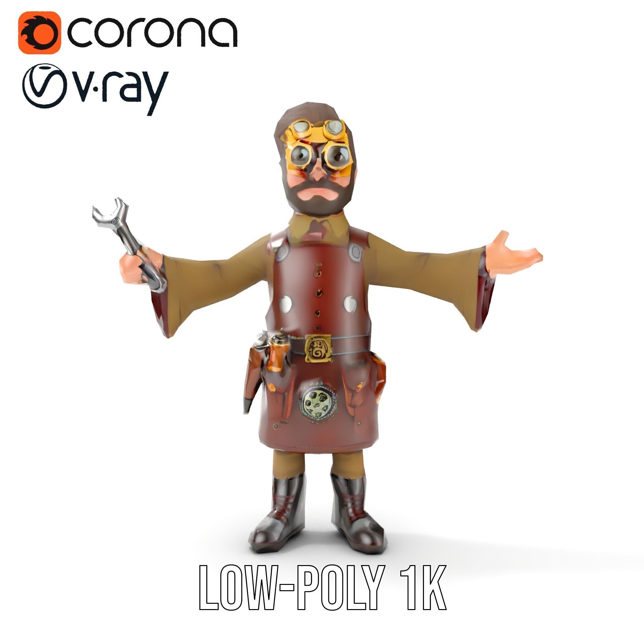 Steampunk Engineer Rigged and Animated D Character Model Low-poly 3D model_9