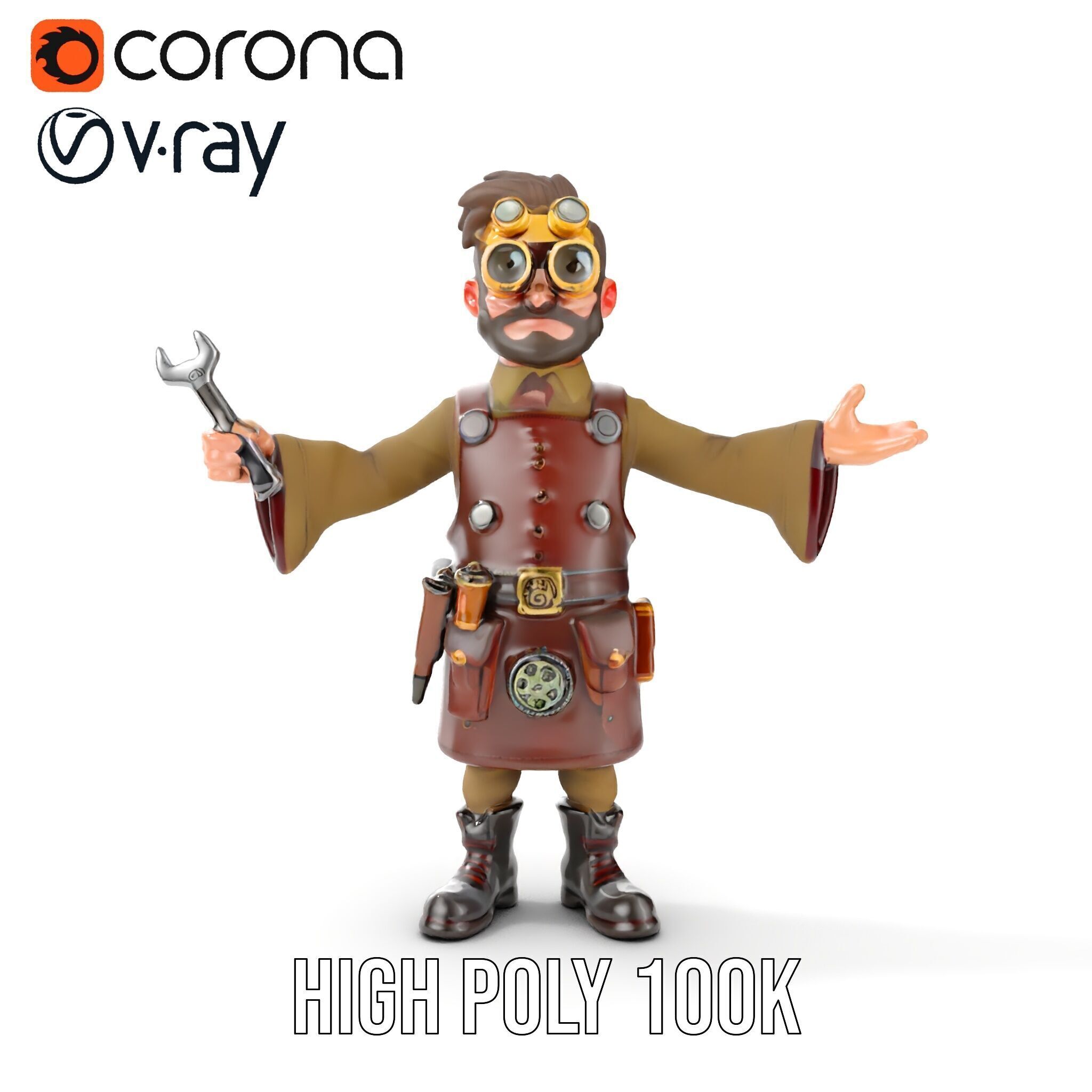Steampunk Engineer Rigged and Animated D Character Model Low-poly 3D model_20