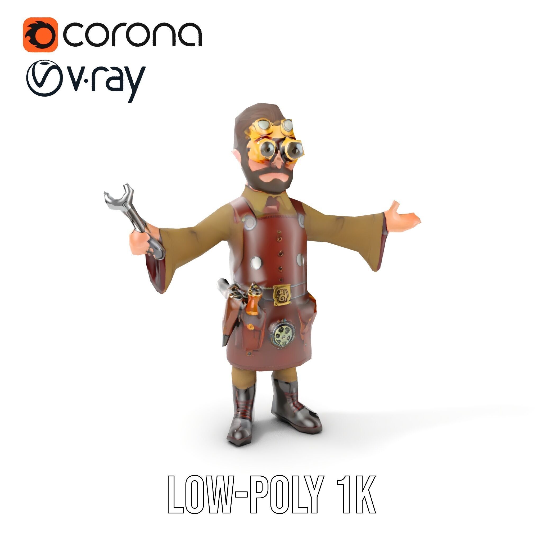 Steampunk Engineer Rigged and Animated D Character Model Low-poly 3D model_7