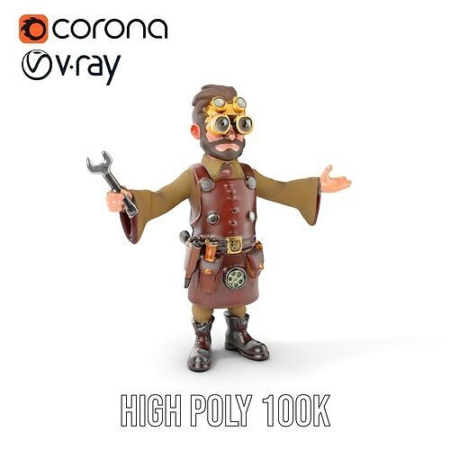 Steampunk Engineer Rigged and Animated D Character Model Low-poly 3D model