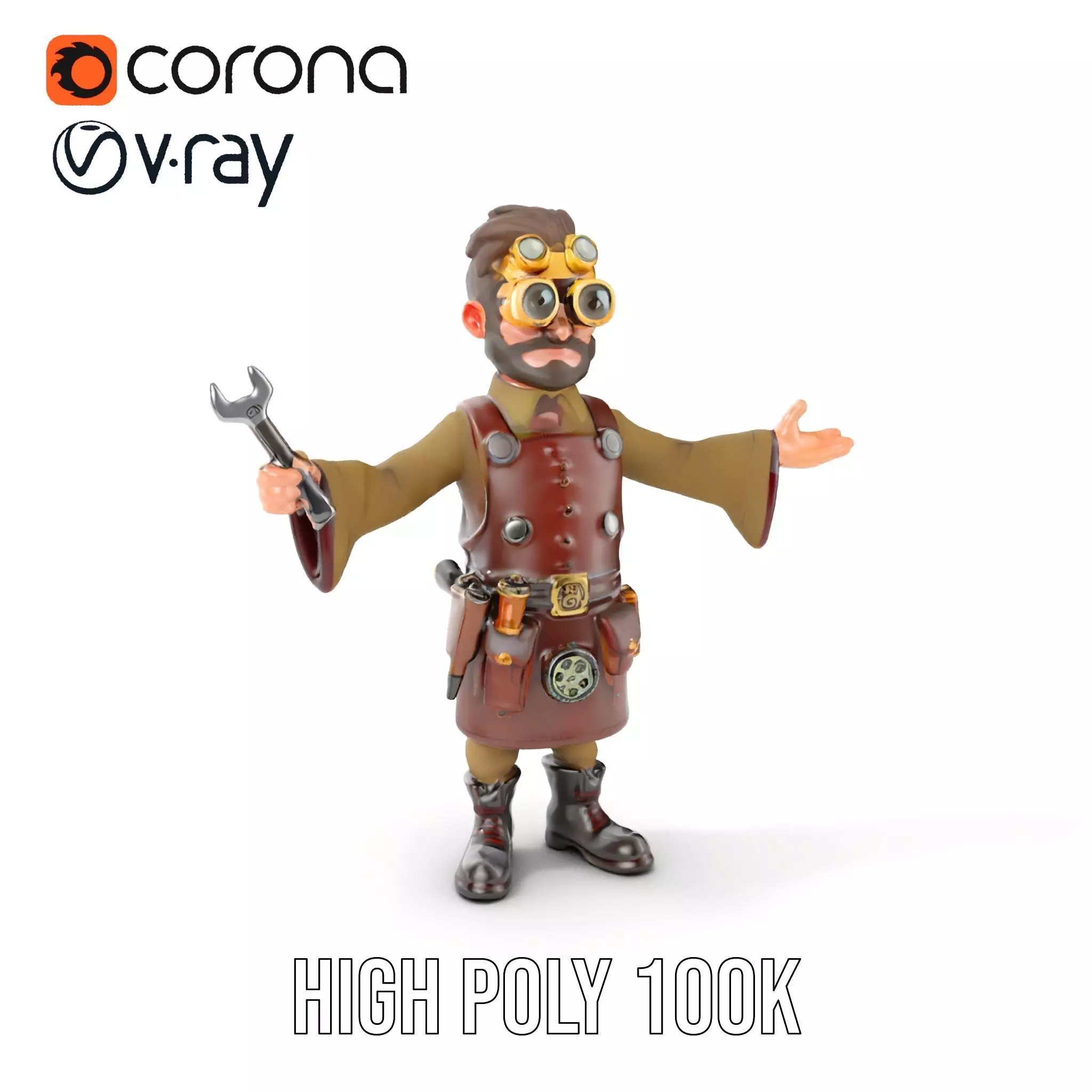 Steampunk Engineer Rigged and Animated D Character Model Low-poly 3D model_0