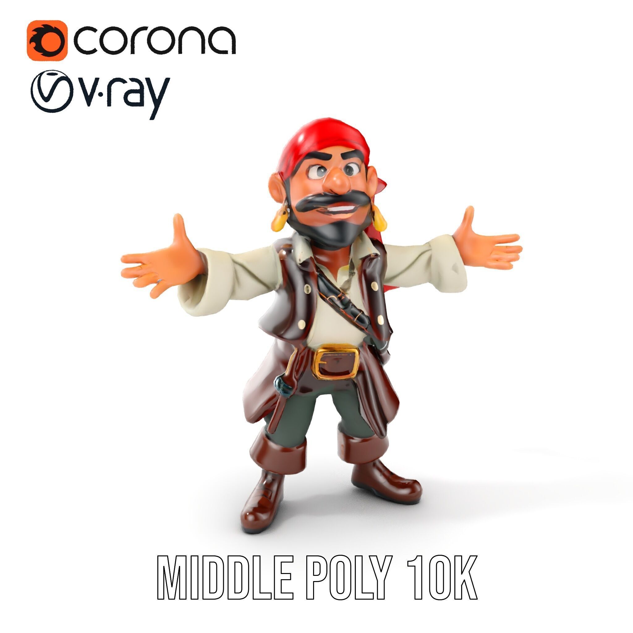 Charming Cartoon Pirate Character Model  Rigged and Animated Low-poly 3D model_16