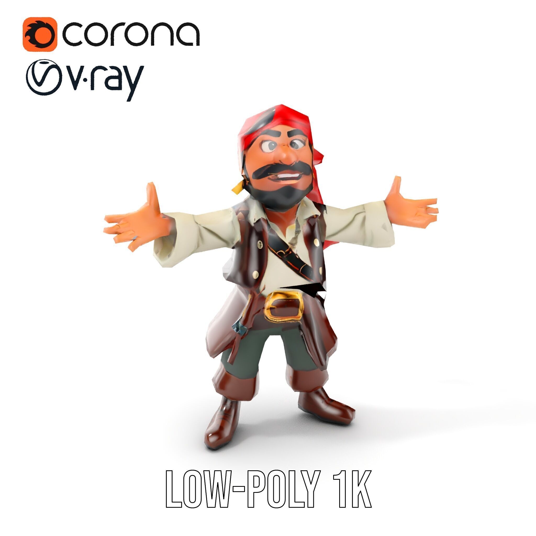 Charming Cartoon Pirate Character Model  Rigged and Animated Low-poly 3D model_7