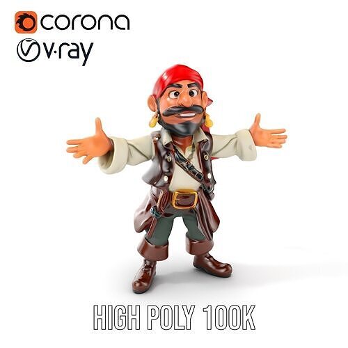 Charming Cartoon Pirate Character Model  Rigged and Animated Low-poly 3D model