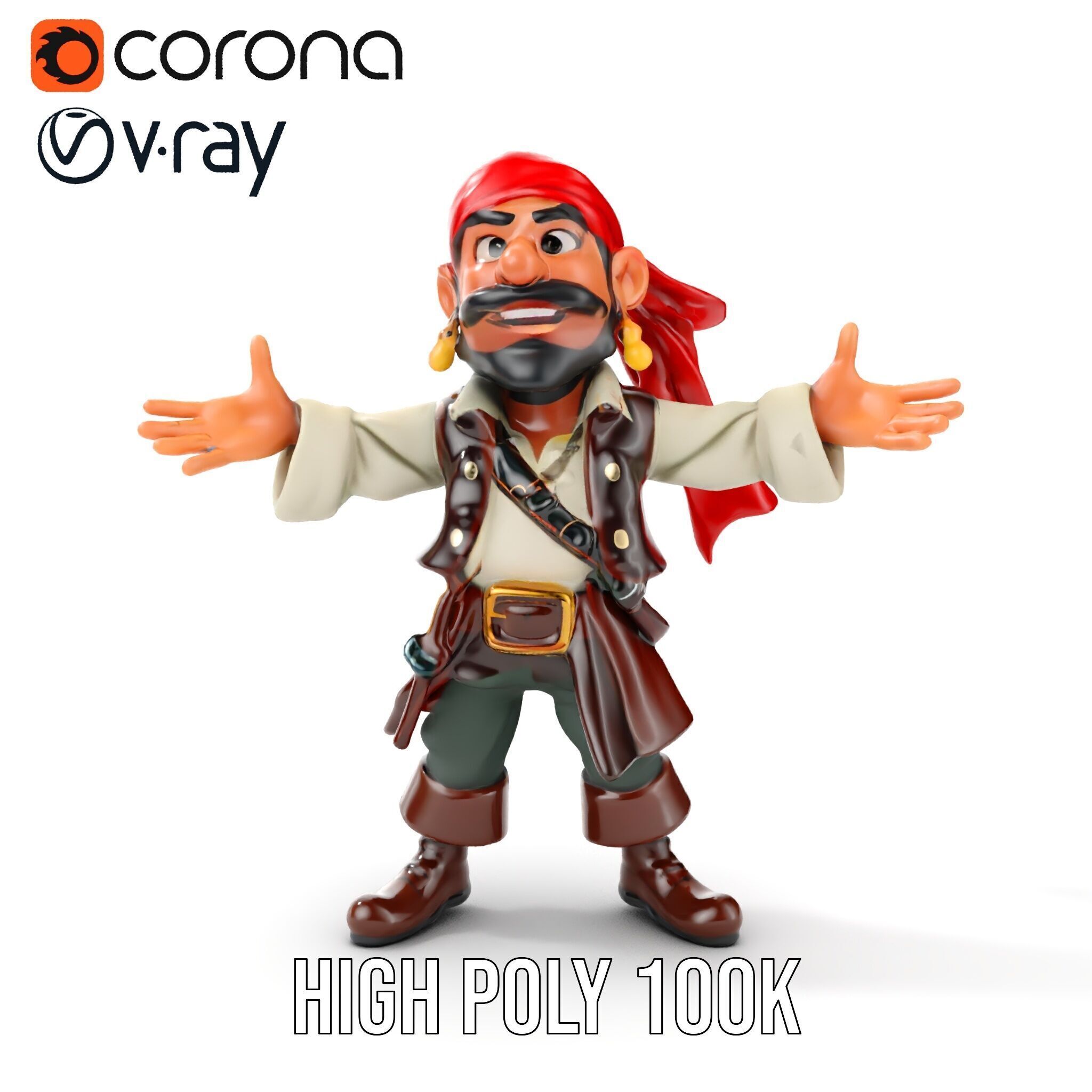Charming Cartoon Pirate Character Model  Rigged and Animated Low-poly 3D model_26