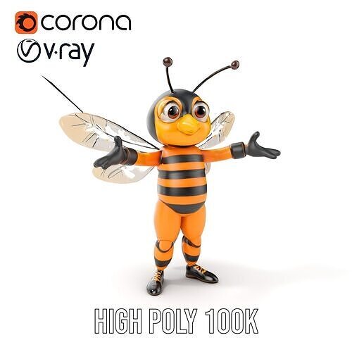 Cheerful Cartoon Bee Character Rigged and Animated Low-poly 3D model