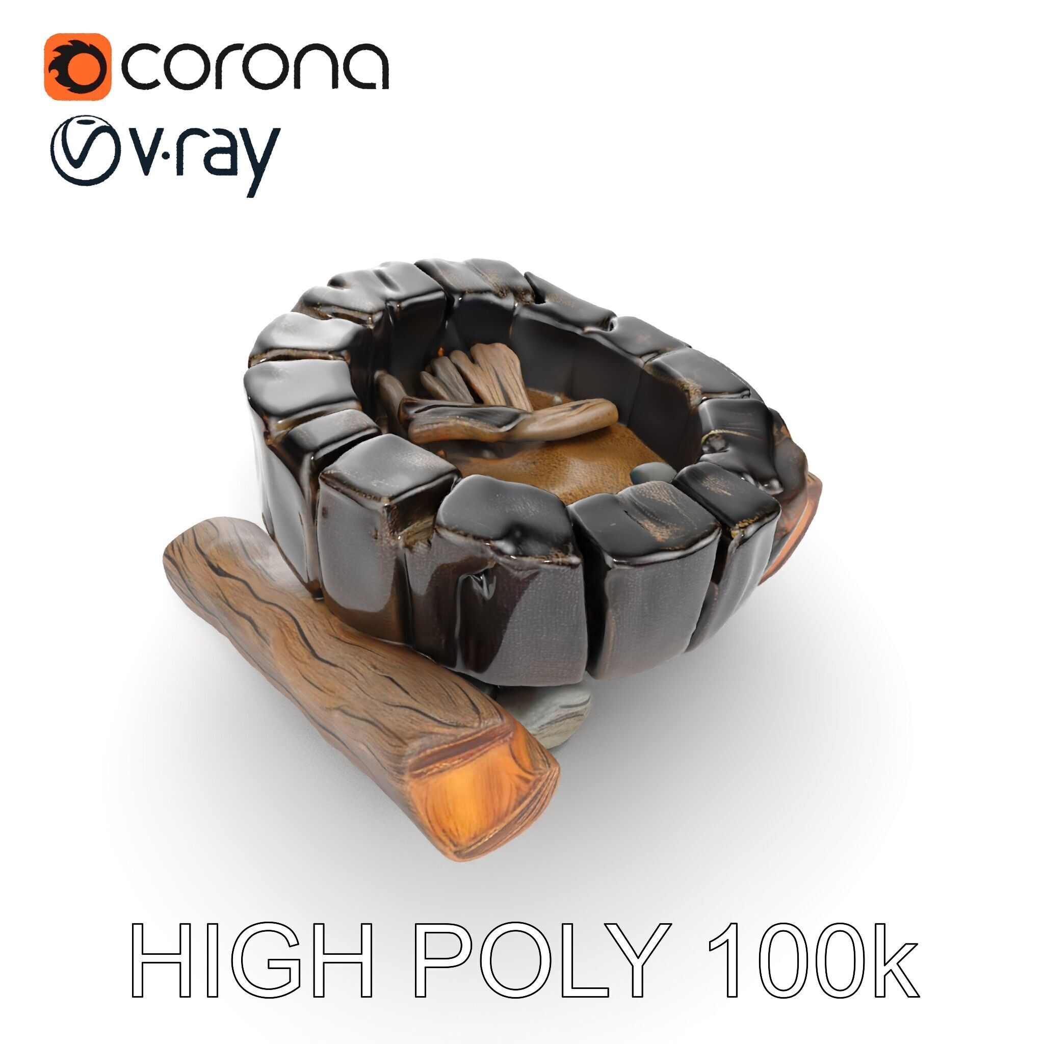 Campfire Setup Model Pack with Realistic Logs and Stones Low-poly 3D model_18