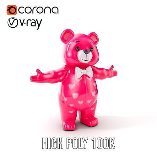 Pink Teddy Bear with Hearts Rigged and Animated Low-poly 3D model