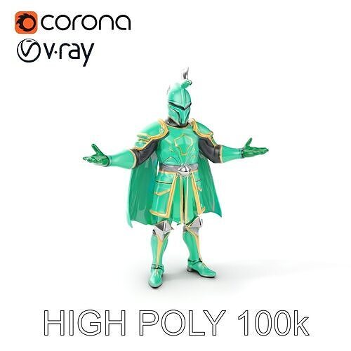Green Armored Knight Character Model  Rigged and Animated Low-poly 3D model