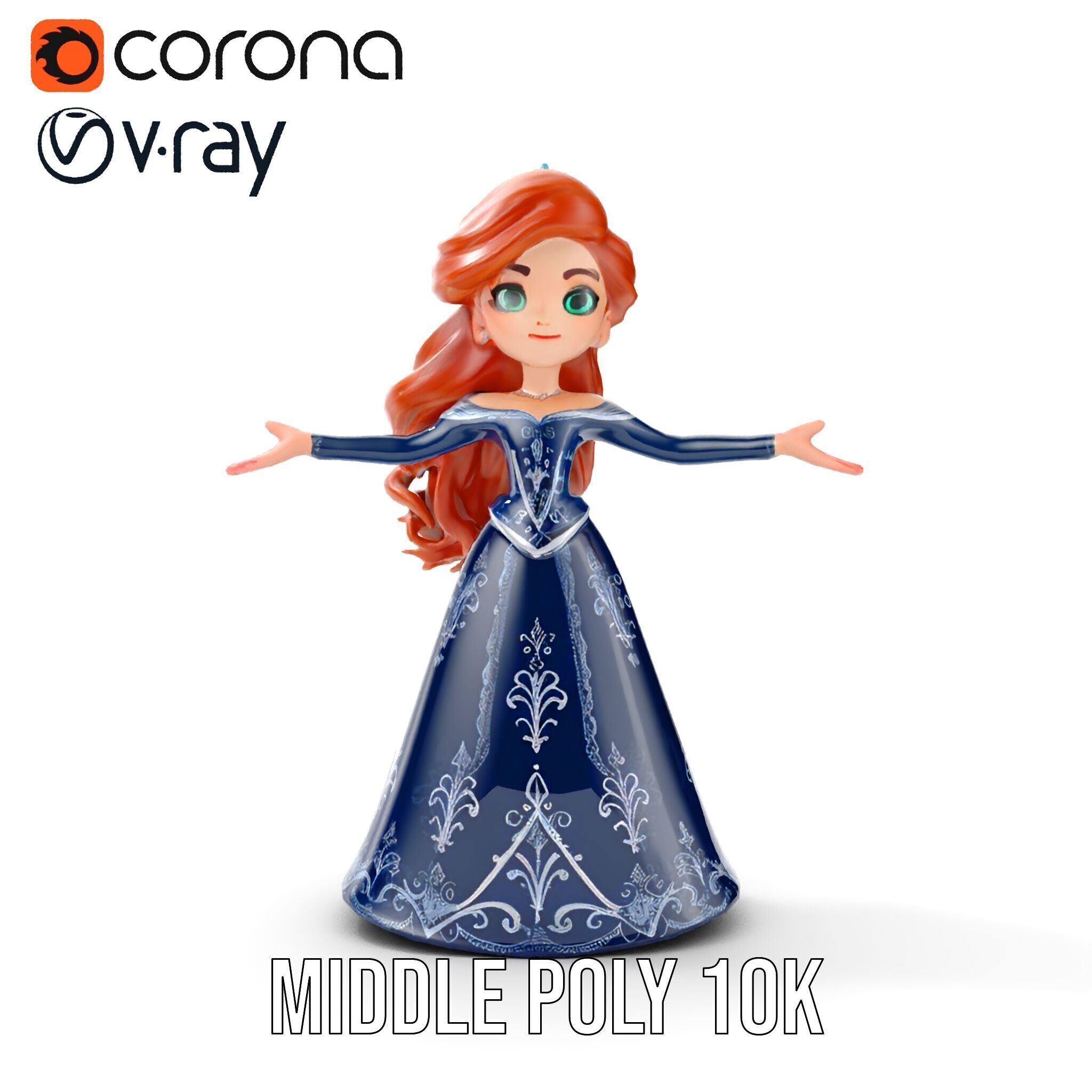 Enchanted Princess with Red Hair in Royal Dress  Rigged and A... Low-poly 3D model_22
