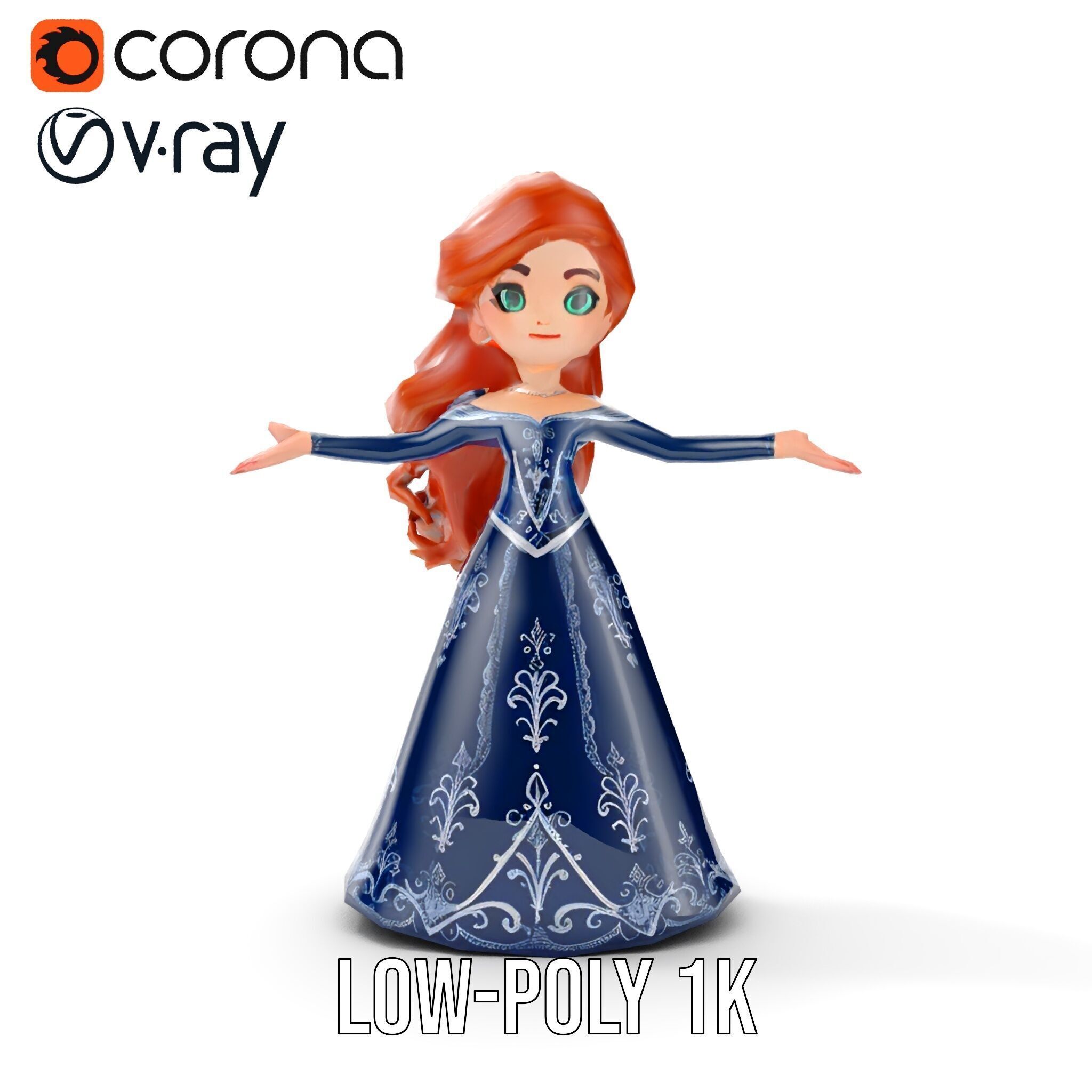 Enchanted Princess with Red Hair in Royal Dress  Rigged and A... Low-poly 3D model_14