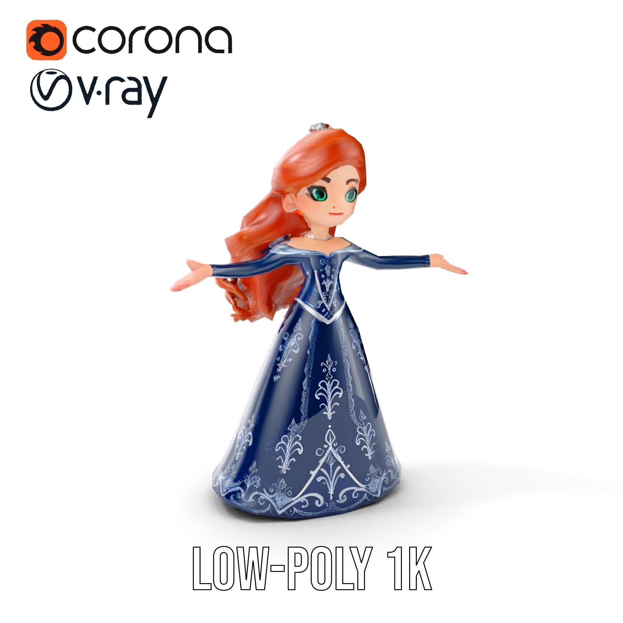 Enchanted Princess with Red Hair in Royal Dress  Rigged and A... Low-poly 3D model_7