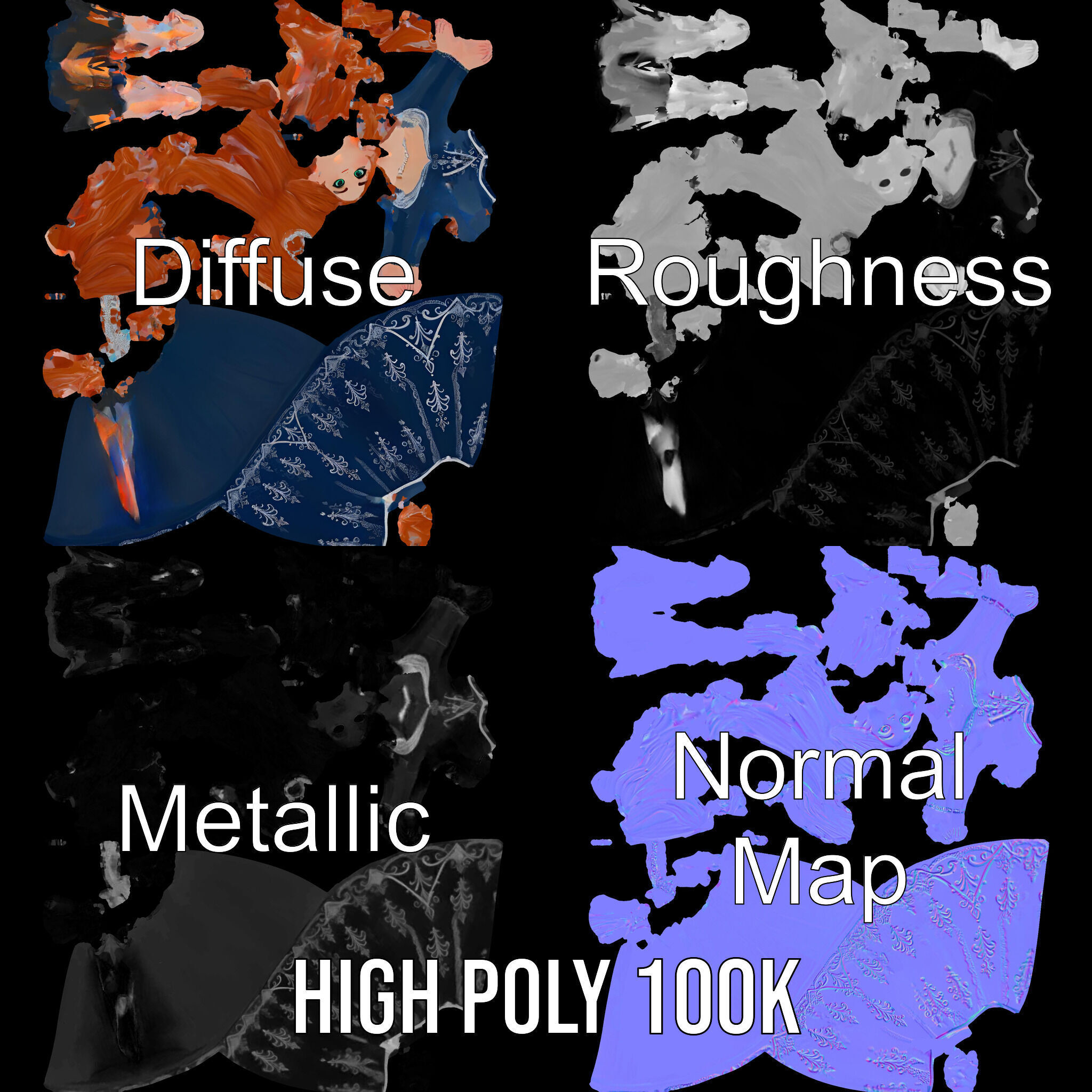 Enchanted Princess with Red Hair in Royal Dress  Rigged and A... Low-poly 3D model_3