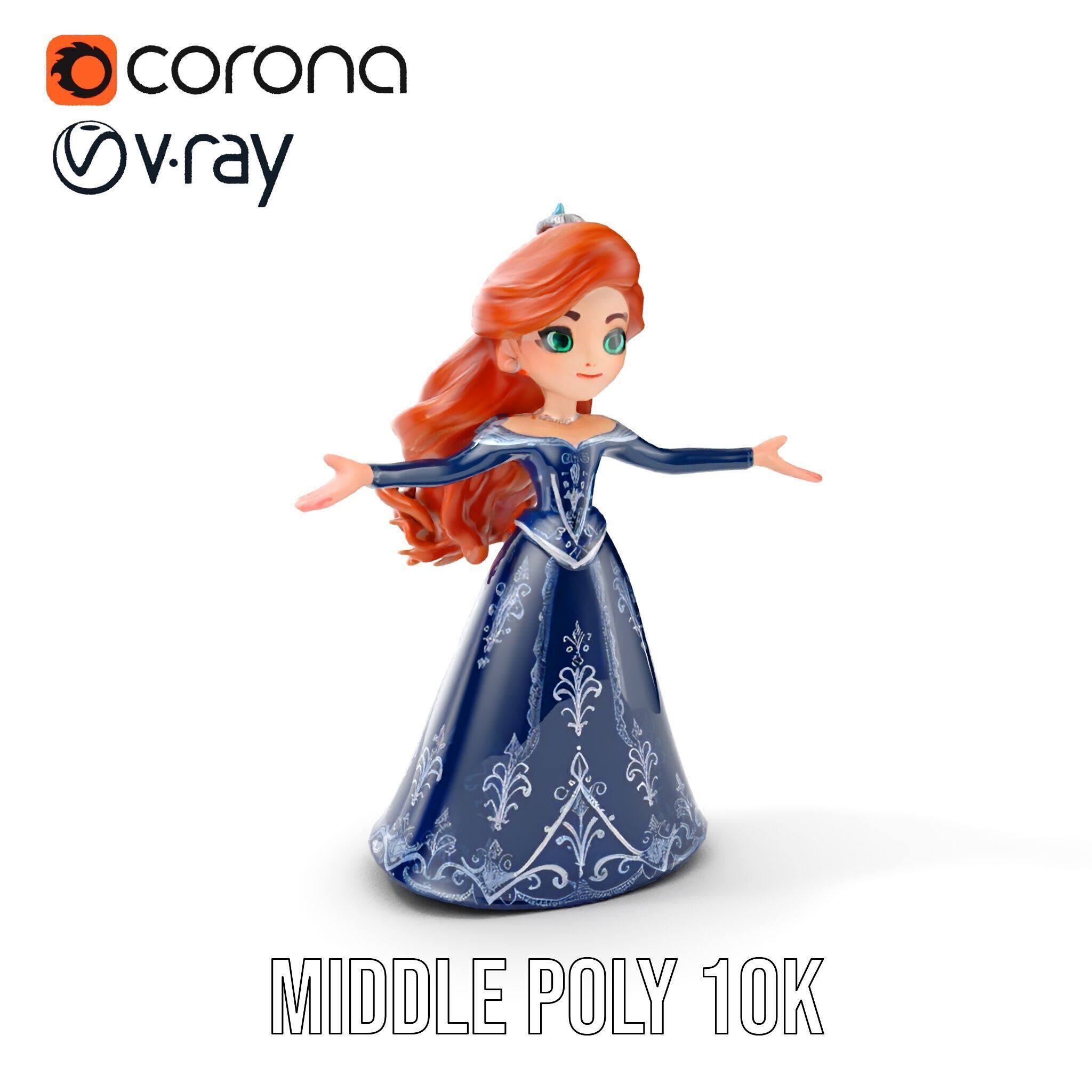 Enchanted Princess with Red Hair in Royal Dress  Rigged and A... Low-poly 3D model_16