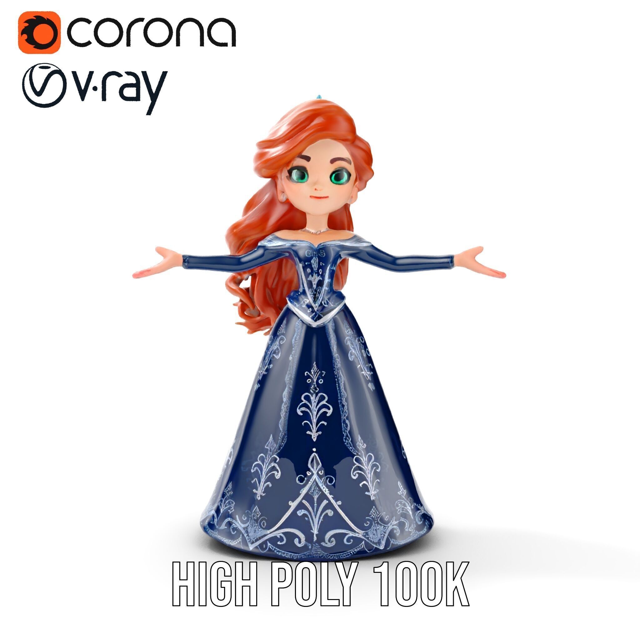 Enchanted Princess with Red Hair in Royal Dress  Rigged and A... Low-poly 3D model_10