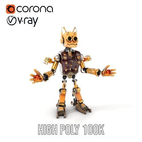 Steampunk Robot with Goggles  Rigged and Animated Low-poly 3D model