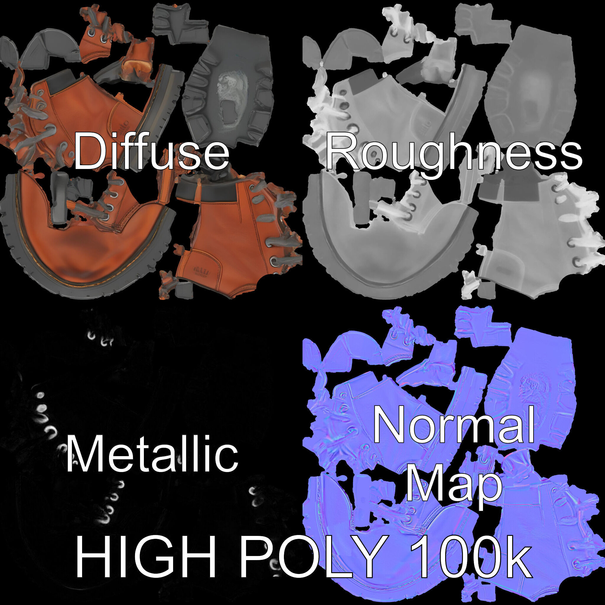 Leather Boot Model Pack with Detailed Laces and Stitching Low-poly 3D model_3