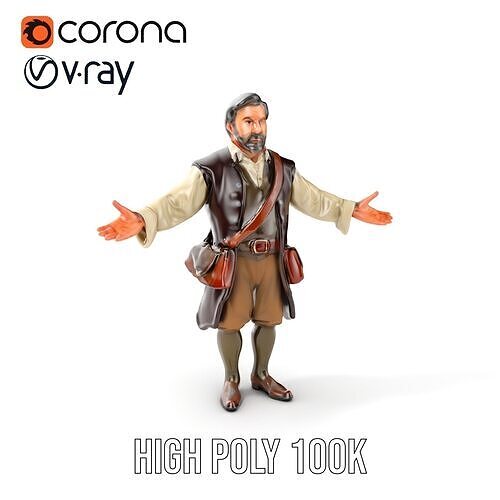 Medieval Merchant Character Model Rigged and Animated Low-poly 3D model